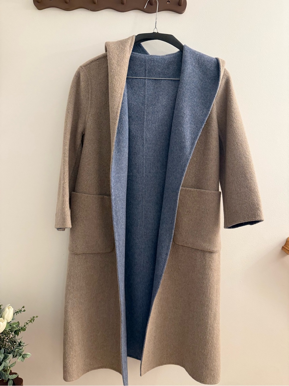 Reversible Hooded Wool-Blend Coat in Taupe & Steel Blue